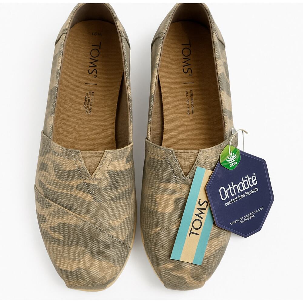 TOMS Camo Alpargata Slip On Flats Women’s 7.5 Taupe Grey Canvas Eco Comfort